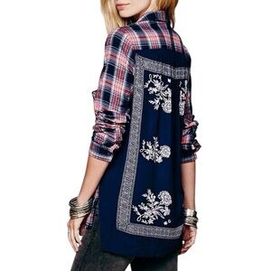 Free People Red Blue Plaid Behind The Flannel Bandana Button Down Shirt Small